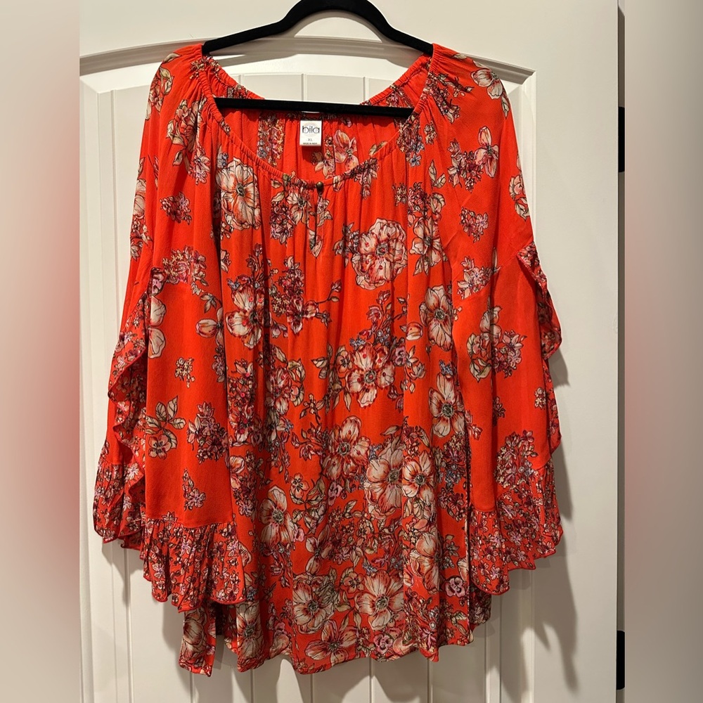Bila Red Floral Peasant Blouse